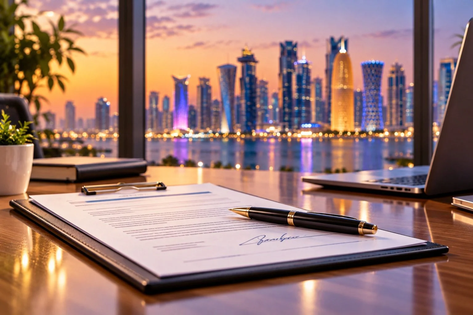 Signed scope document on a clipboard at a desk