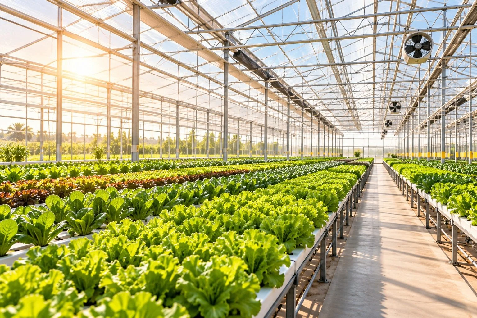 Rows of leafy crops growing inside a large greenhouse