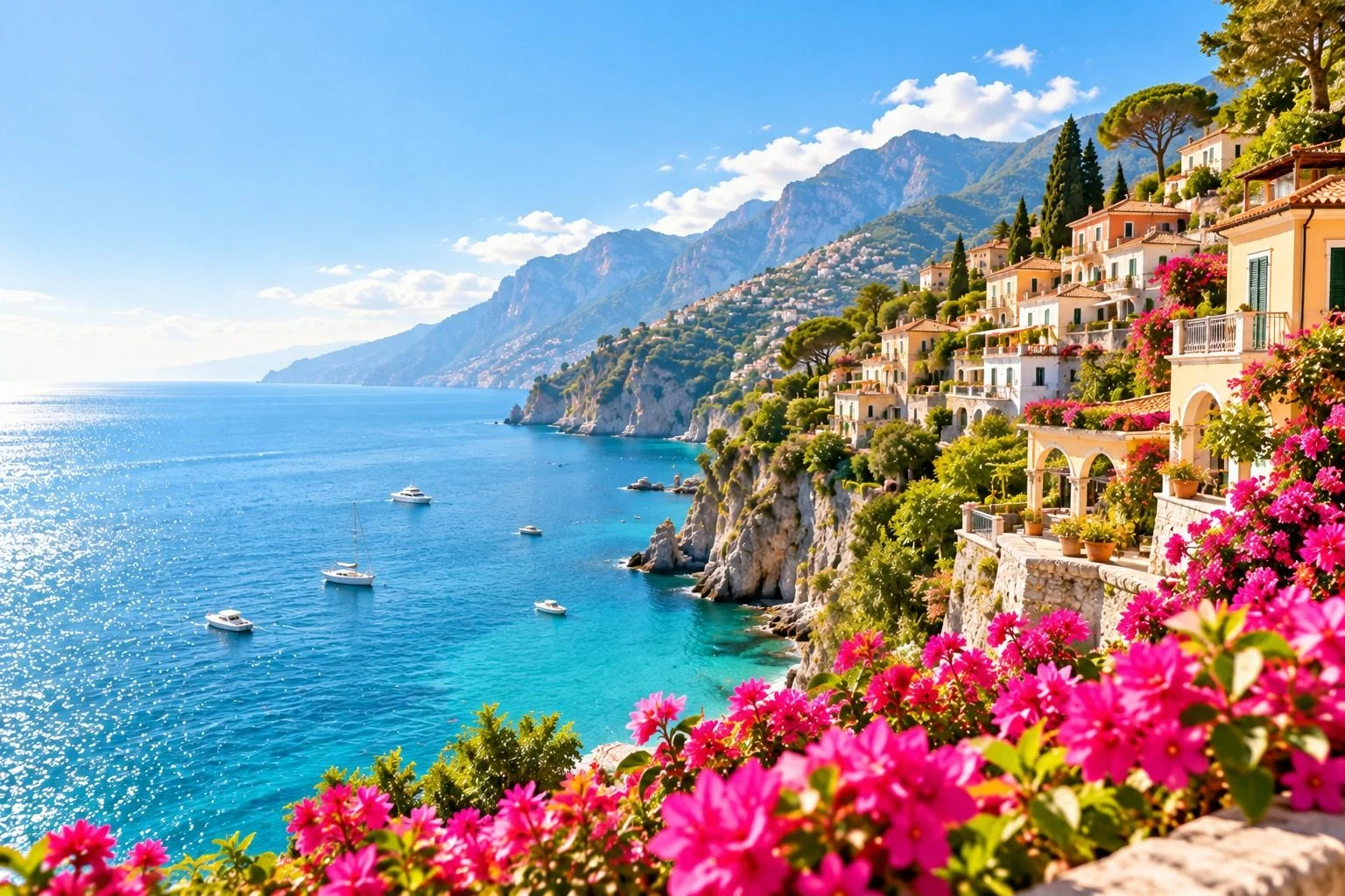 Colourful coastal village on a cliff above a turquoise sea