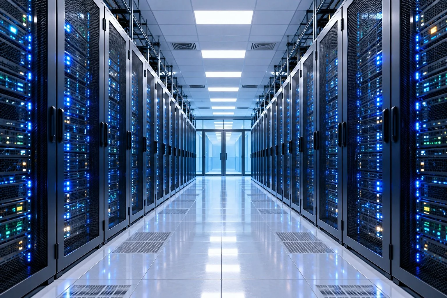 Corridor of server racks in a data centre