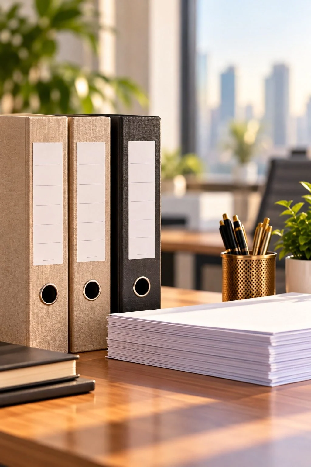 Document binders and a stack of paper on an office desk