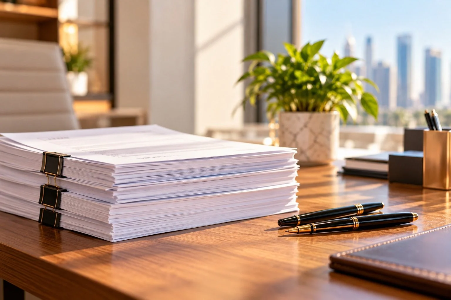 Stacks of printed documents and pens on an office desk