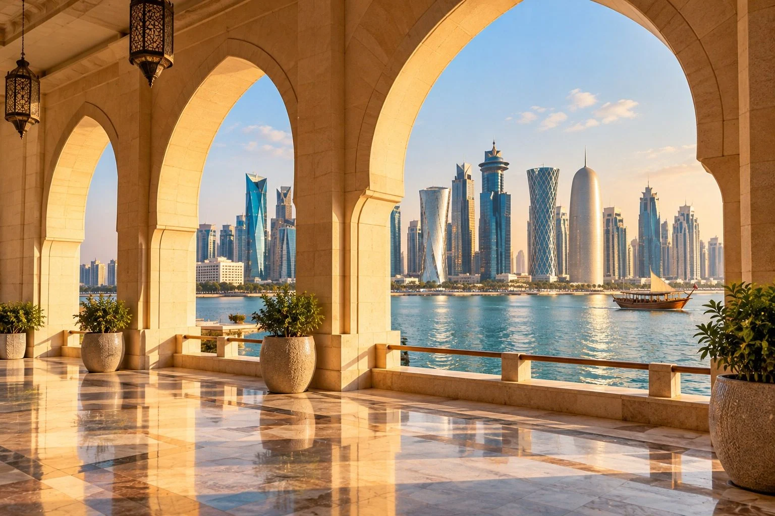 Stone arches framing the Doha skyline across the water