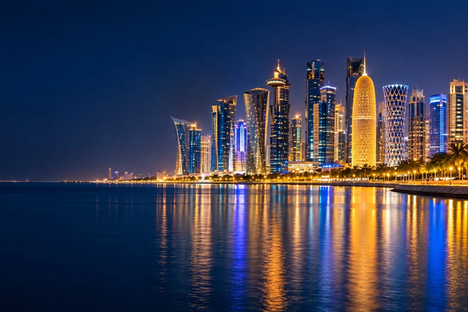 Doha skyline lit up at night across the bay