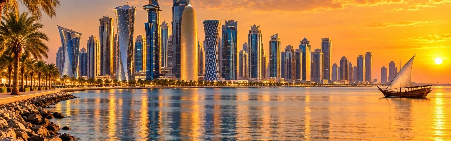 Panoramic view of the West Bay skyline in Doha at sunset
