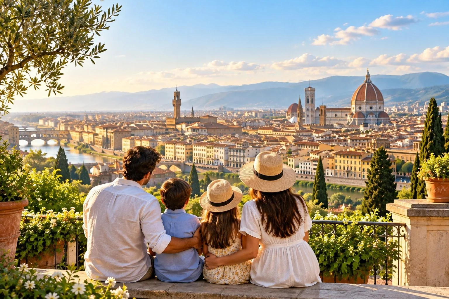 Family looking out over a historic city with a domed cathedral