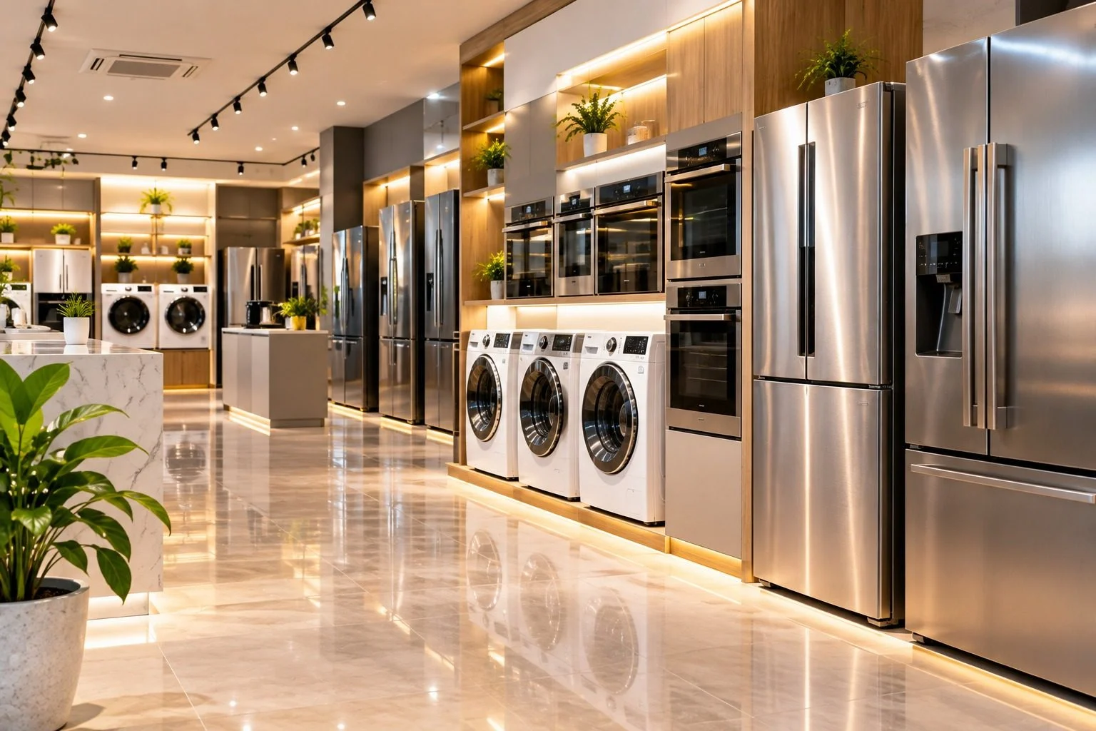 Refrigerators, ovens and washing machines in an appliance showroom