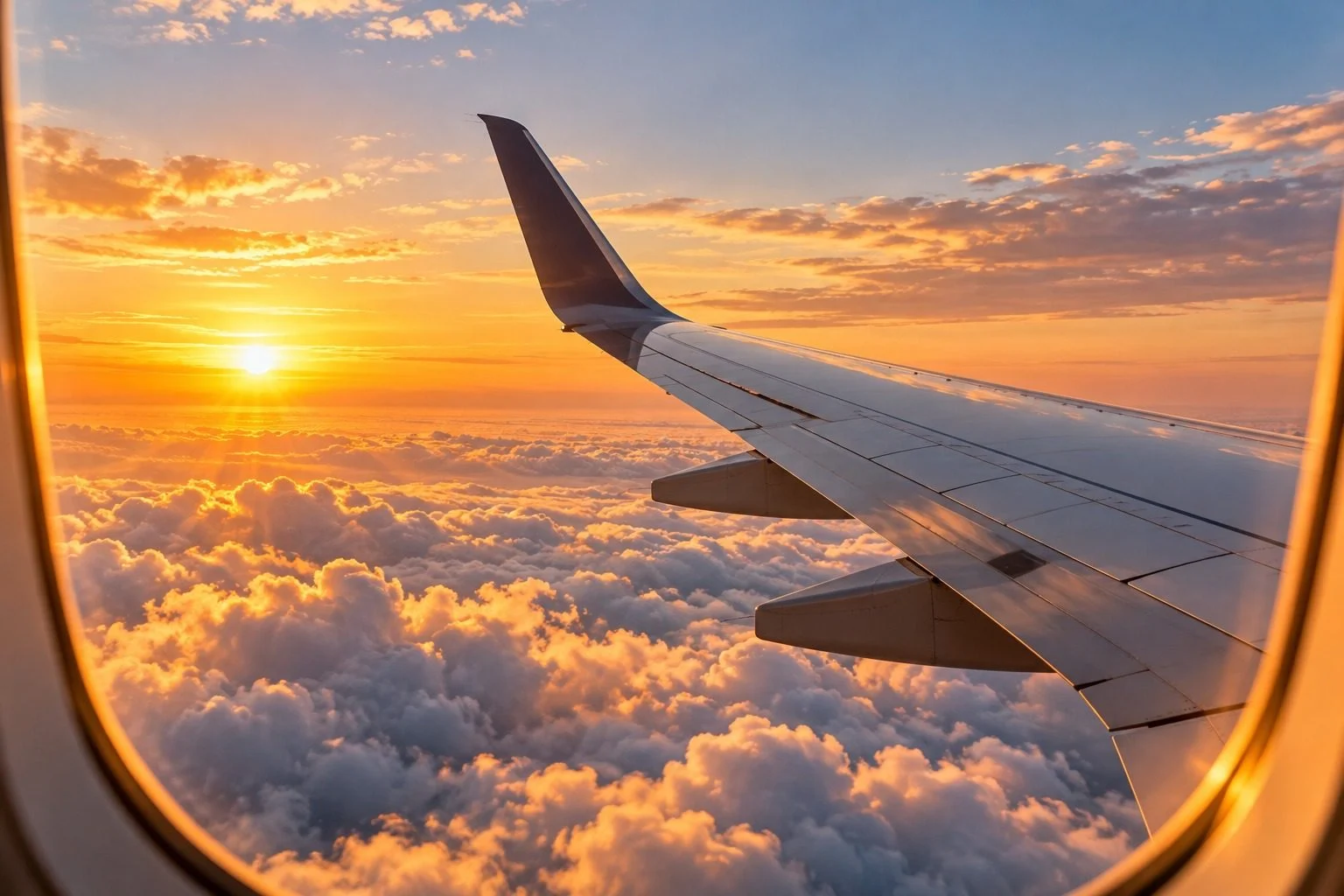 Aircraft wing above the clouds at sunrise