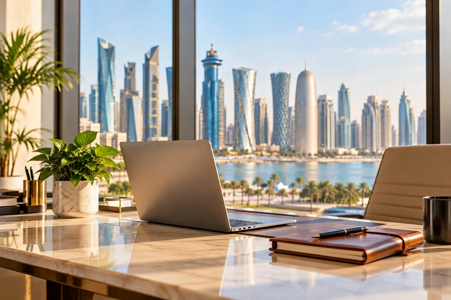 Laptop on an office desk overlooking the Doha skyline