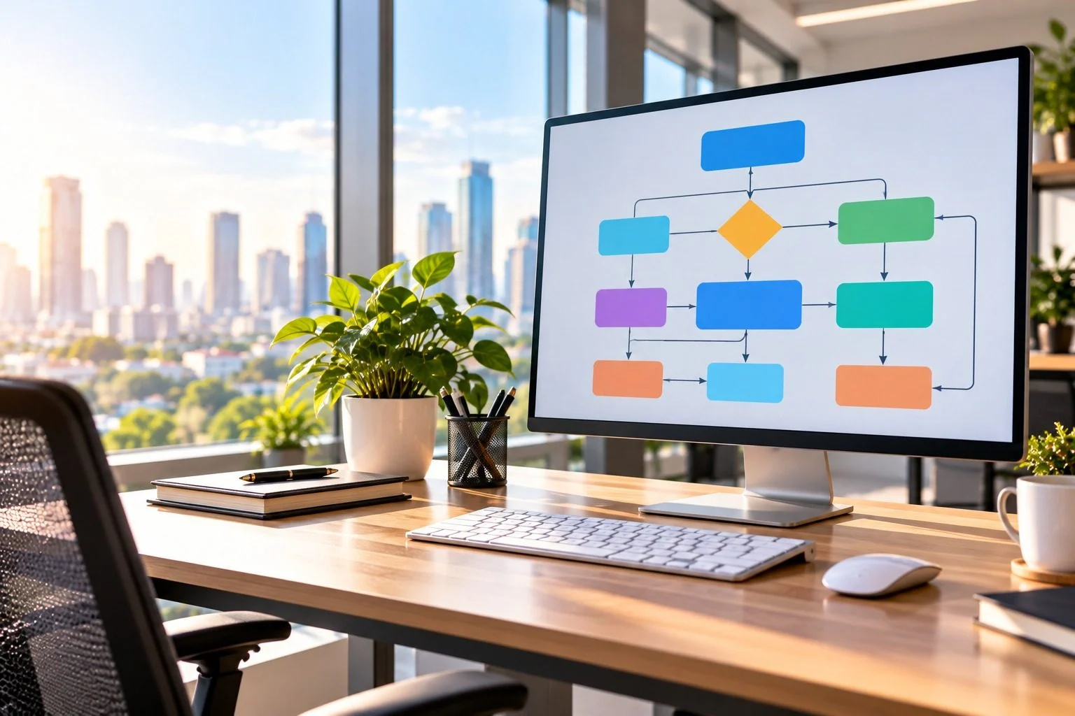 Monitor showing a process flow diagram on an office desk