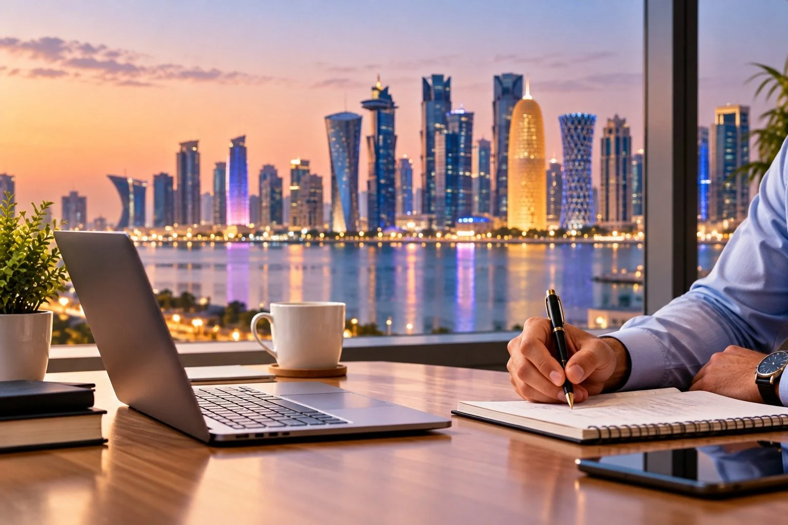 Person writing notes at a desk overlooking the city