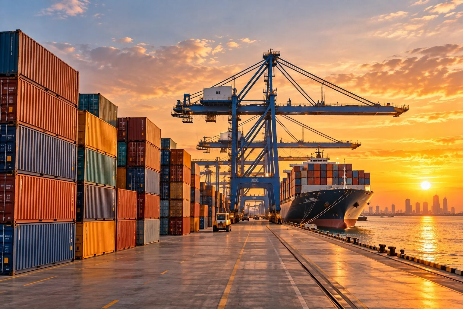 Shipping containers and a gantry crane at a port at sunset